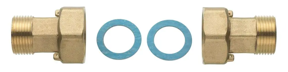 Brass fittings von Danfoss mit zwei blauen Dichtungsringen, geeignet für den Einsatz in Wärmezählersystemen, in neutralem Hintergrund angeordnet.